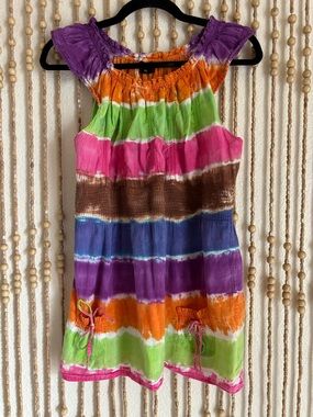 MAA Vintage Rainbow Striped Tie Dye Pocket Detail Smocked Waist Short Sleeve Top